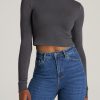 Women American Tall Sweaters | Women'S Tall Crop Mock Neck Sweater In Charcoal Mix