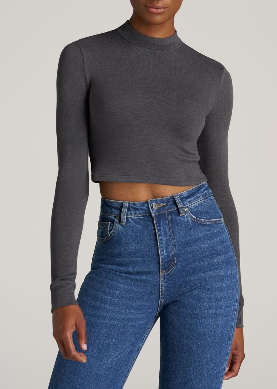 Women American Tall Sweaters | Women'S Tall Crop Mock Neck Sweater In Charcoal Mix