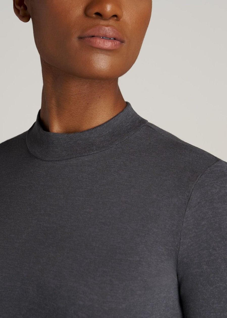 Women American Tall Sweaters | Women'S Tall Crop Mock Neck Sweater In Charcoal Mix