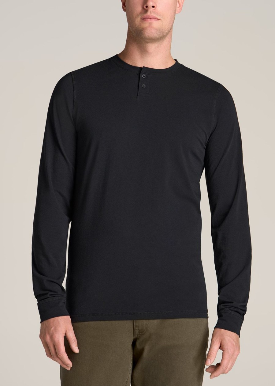 Men American Tall Long Sleeve Tees + Thermals | Pima Stretch Knit Henley Shirt For Tall Men In Black