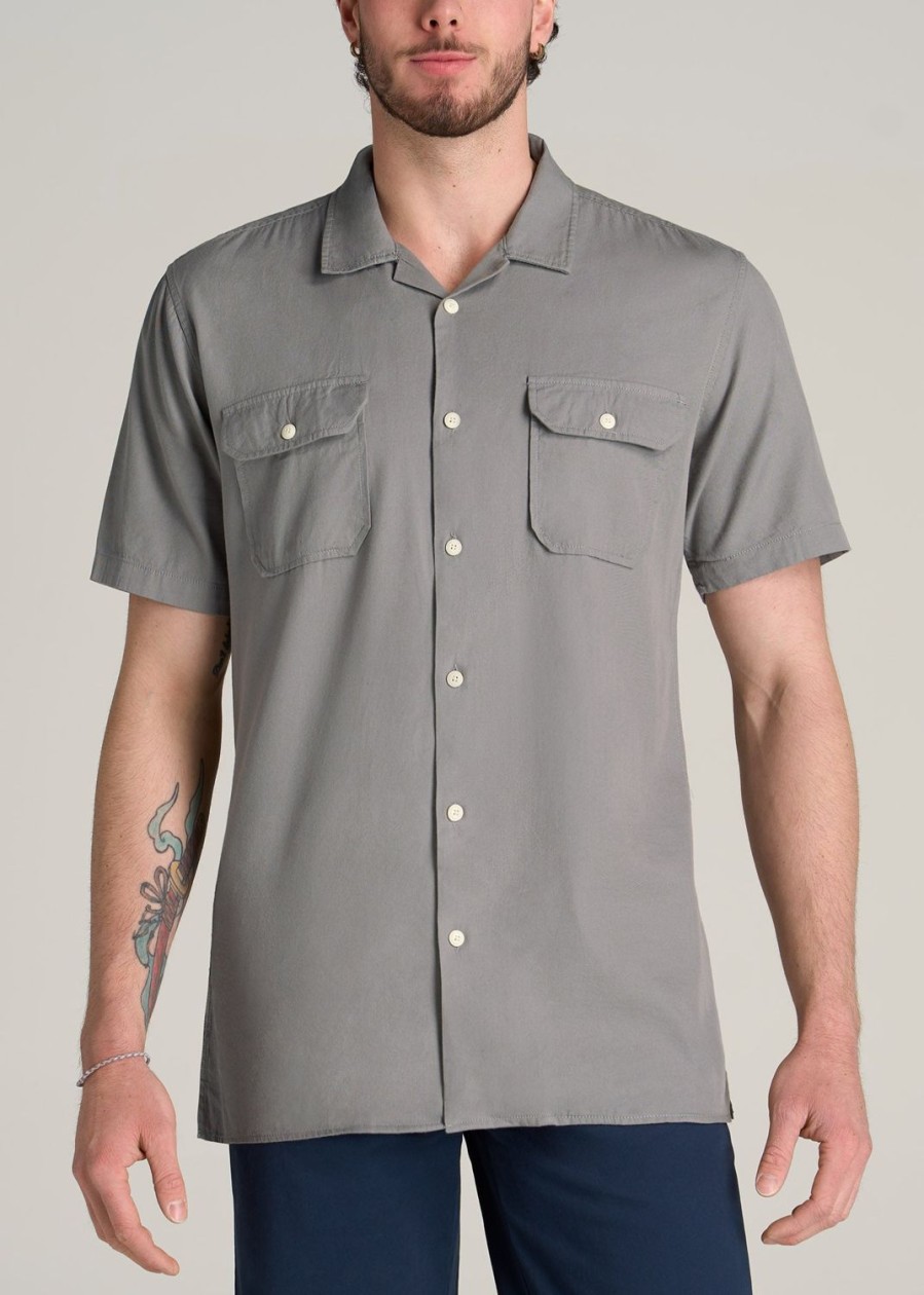 Men American Tall Button Shirts | Lj&S Two-Pocket Camp Shirt For Tall Men In Pewter