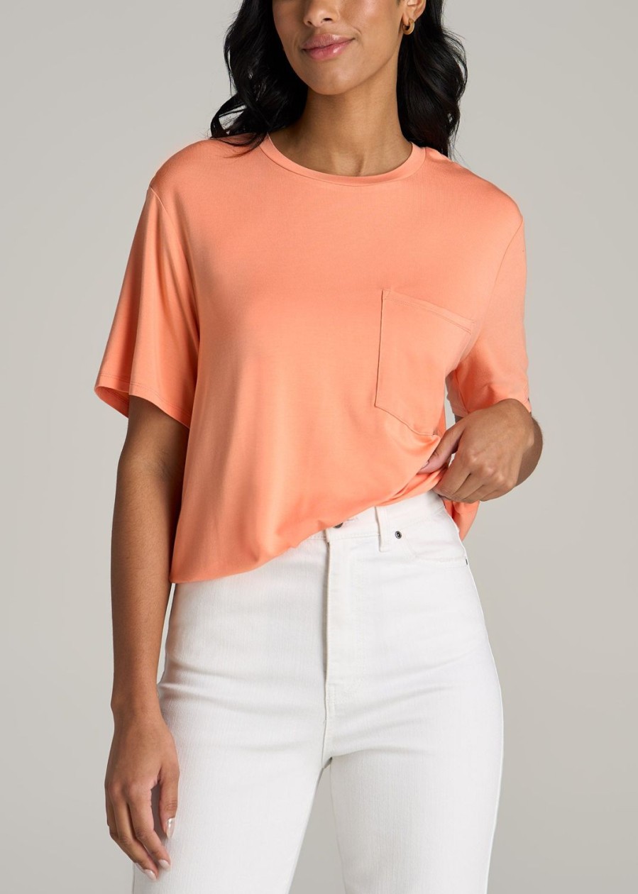 Women American Tall Tees, Tanks + Bodysuits | Short-Sleeve Oversized Crewneck Pocket T-Shirt For Tall Women In Apricot Crush