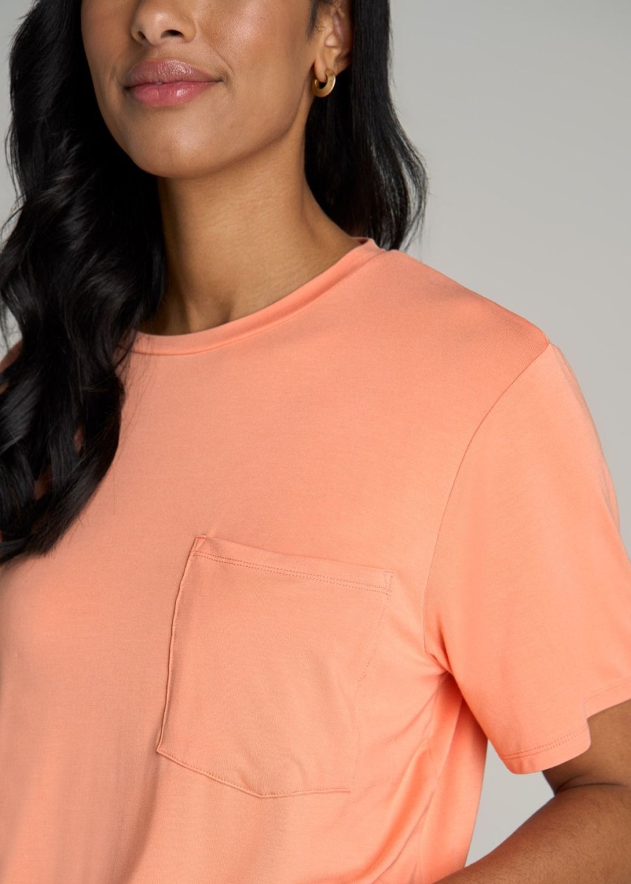 Women American Tall Tees, Tanks + Bodysuits | Short-Sleeve Oversized Crewneck Pocket T-Shirt For Tall Women In Apricot Crush