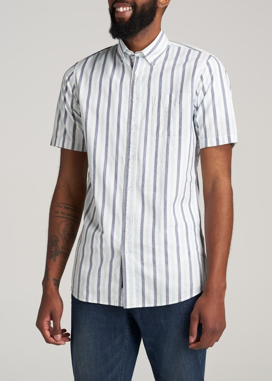 Men American Tall Button Shirts | Short Sleeve Shirt For Tall Men In Ecru & Navy Mix Stripe