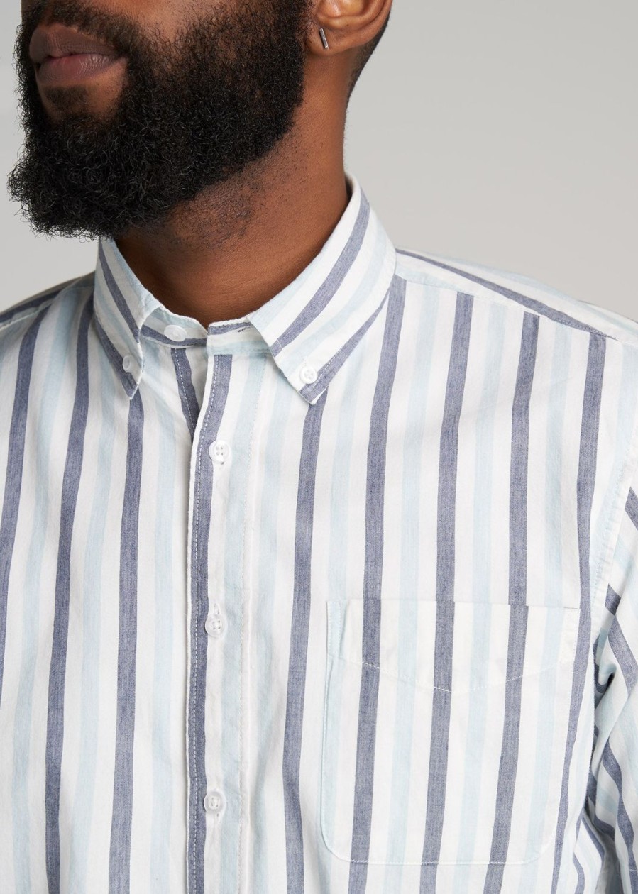 Men American Tall Button Shirts | Short Sleeve Shirt For Tall Men In Ecru & Navy Mix Stripe