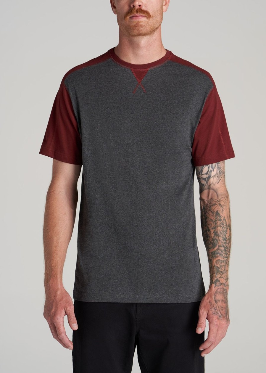 Men American Tall Tees + Tanks | Regular-Fit Color Block Raglan T-Shirt For Tall Men In Charcoal Heather & Burgundy