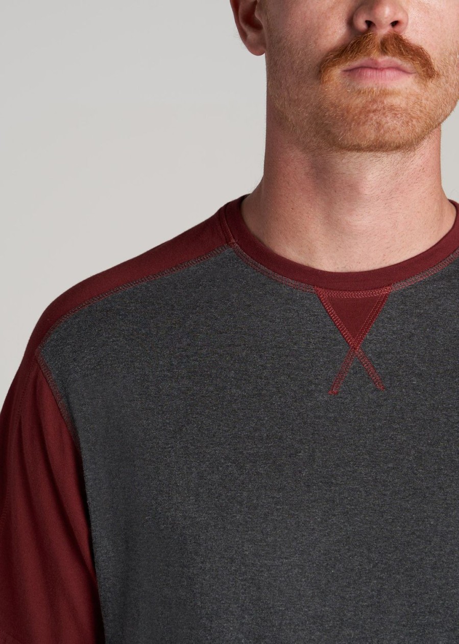 Men American Tall Tees + Tanks | Regular-Fit Color Block Raglan T-Shirt For Tall Men In Charcoal Heather & Burgundy