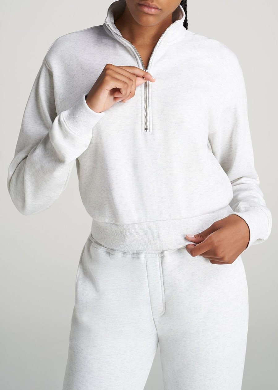 Women American Tall Hoodies + Sweatshirts | Wearever Fleece Cropped Half-Zip Sweatshirt For Tall Women In Heather Cloud White