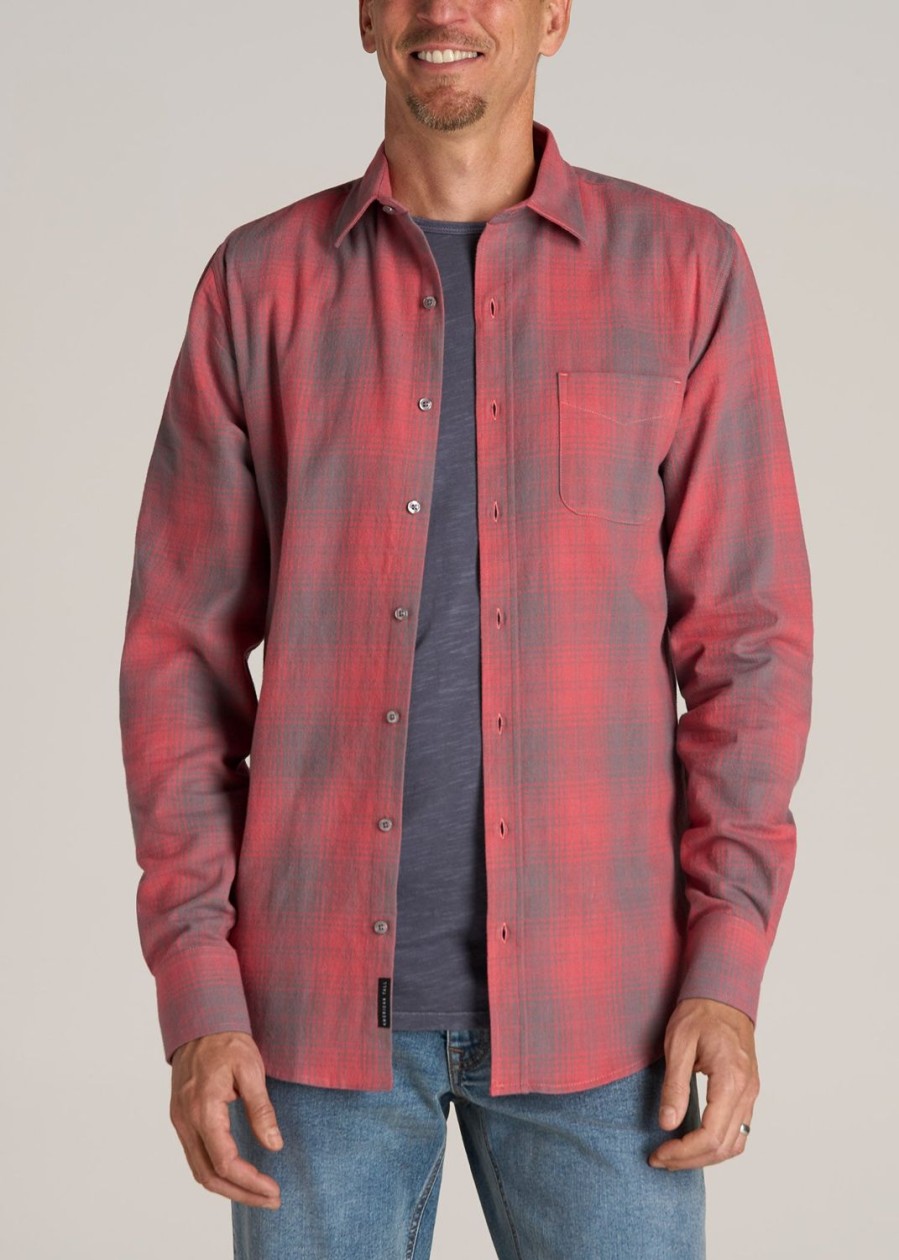 Men American Tall Button Shirts | Nelson Flannel Shirt For Tall Men In Red And Grey Plaid