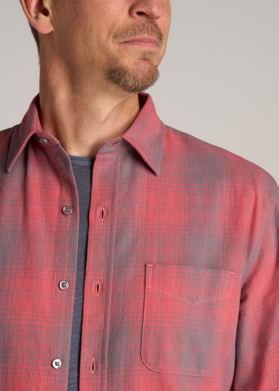 Men American Tall Button Shirts | Nelson Flannel Shirt For Tall Men In Red And Grey Plaid