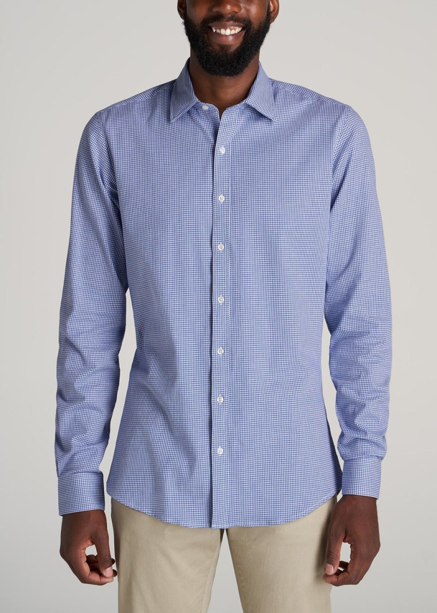 Men American Tall Button Shirts | Oskar Button-Up Shirt For Tall Men In Cobalt Mini Check