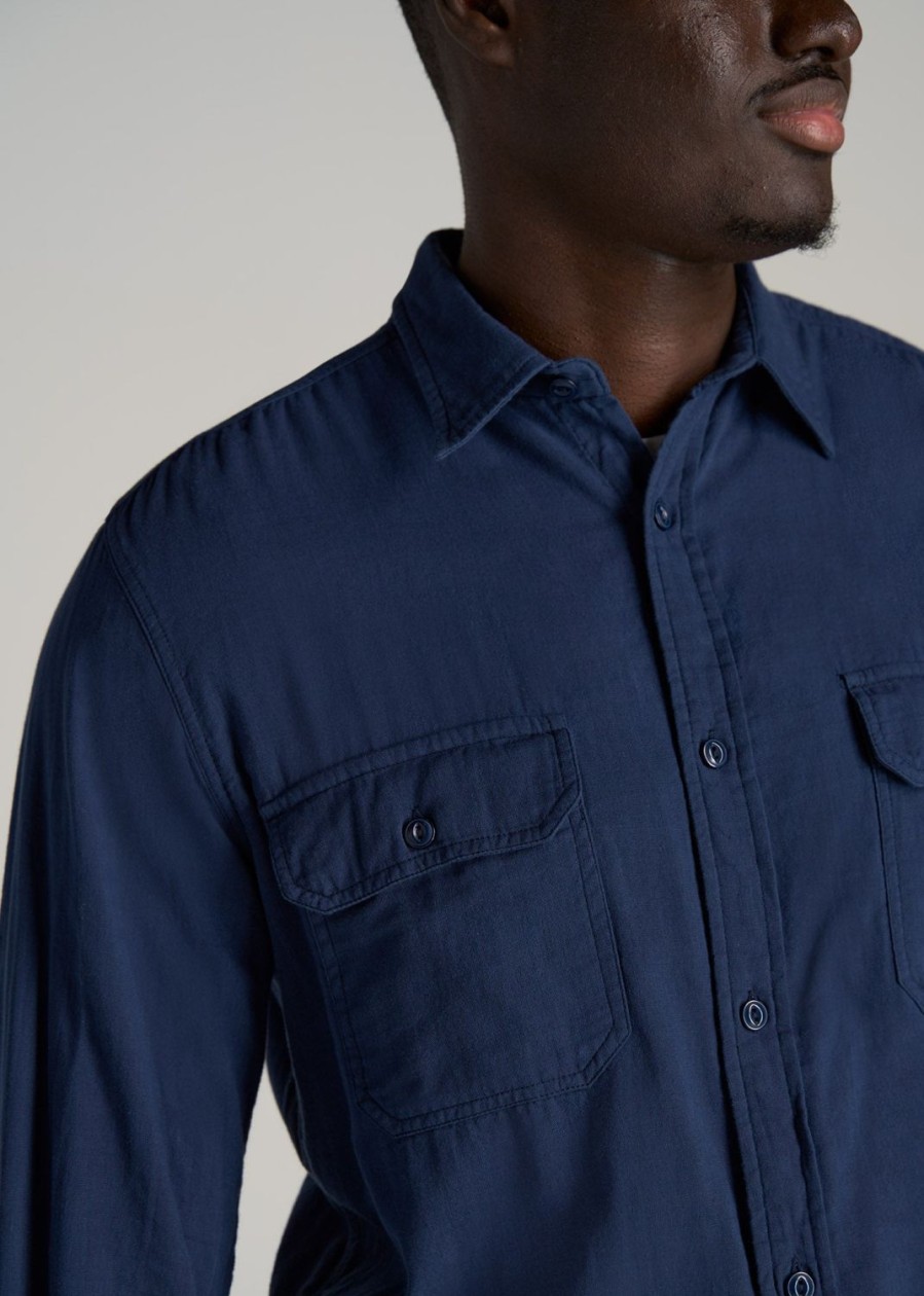 Men American Tall Button Shirts | Lj&S Double Weave Shirt For Tall Men In Vintage Midnight Navy