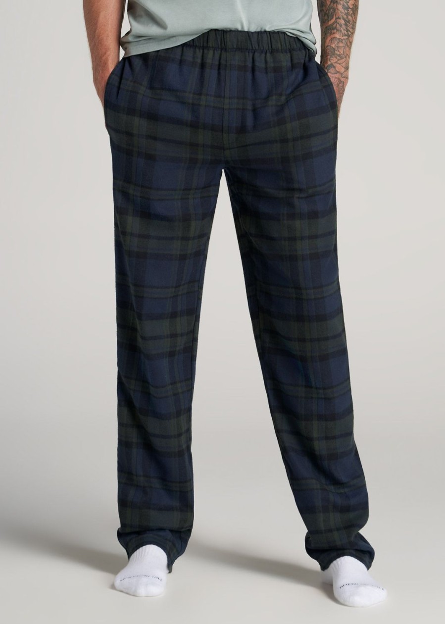 Men American Tall Athletic Pants | Plaid Pajama Pants For Tall Men In Olive & Dark Cobalt Plaid