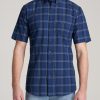 Men American Tall Button Shirts | Short Sleeve Shirt For Tall Men In Bold Navy & Indigo Plaid