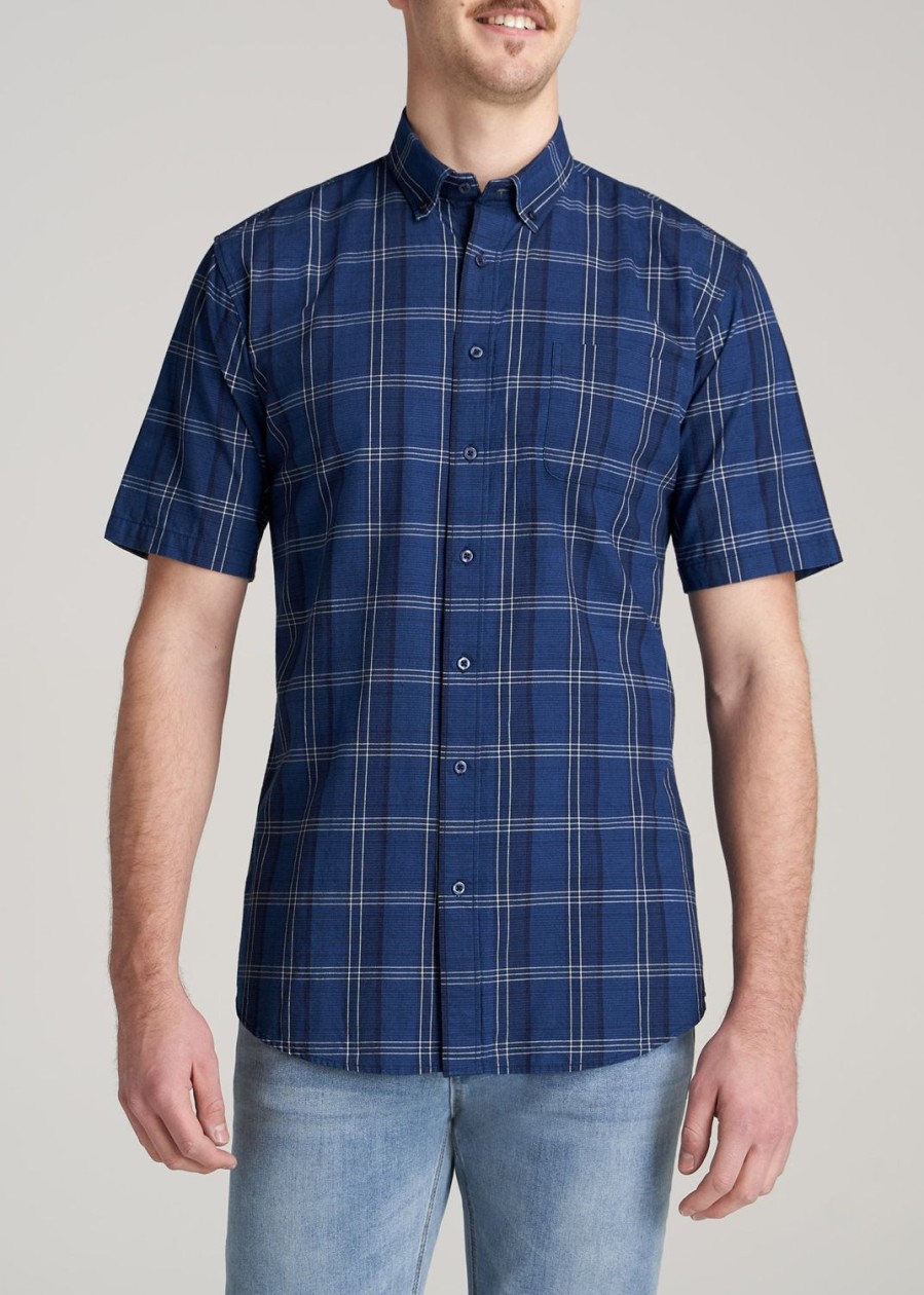 Men American Tall Button Shirts | Short Sleeve Shirt For Tall Men In Bold Navy & Indigo Plaid