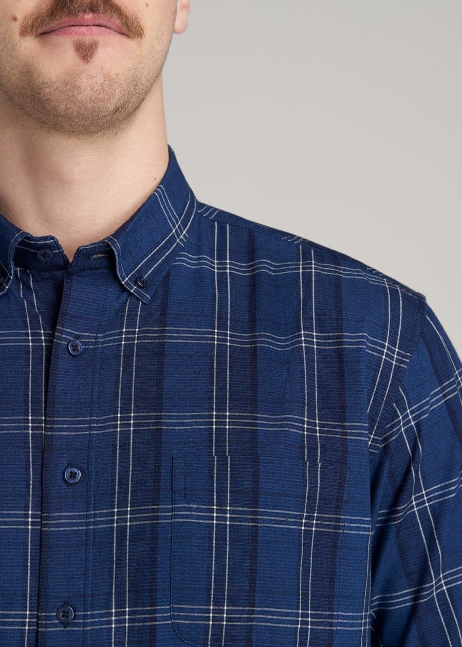 Men American Tall Button Shirts | Short Sleeve Shirt For Tall Men In Bold Navy & Indigo Plaid