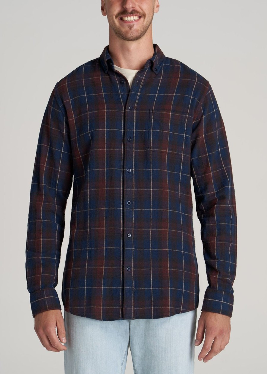 Men American Tall Button Shirts | Men'S Tall Nelson Button-Up Shirt In Port & Dark Cobalt Plaid