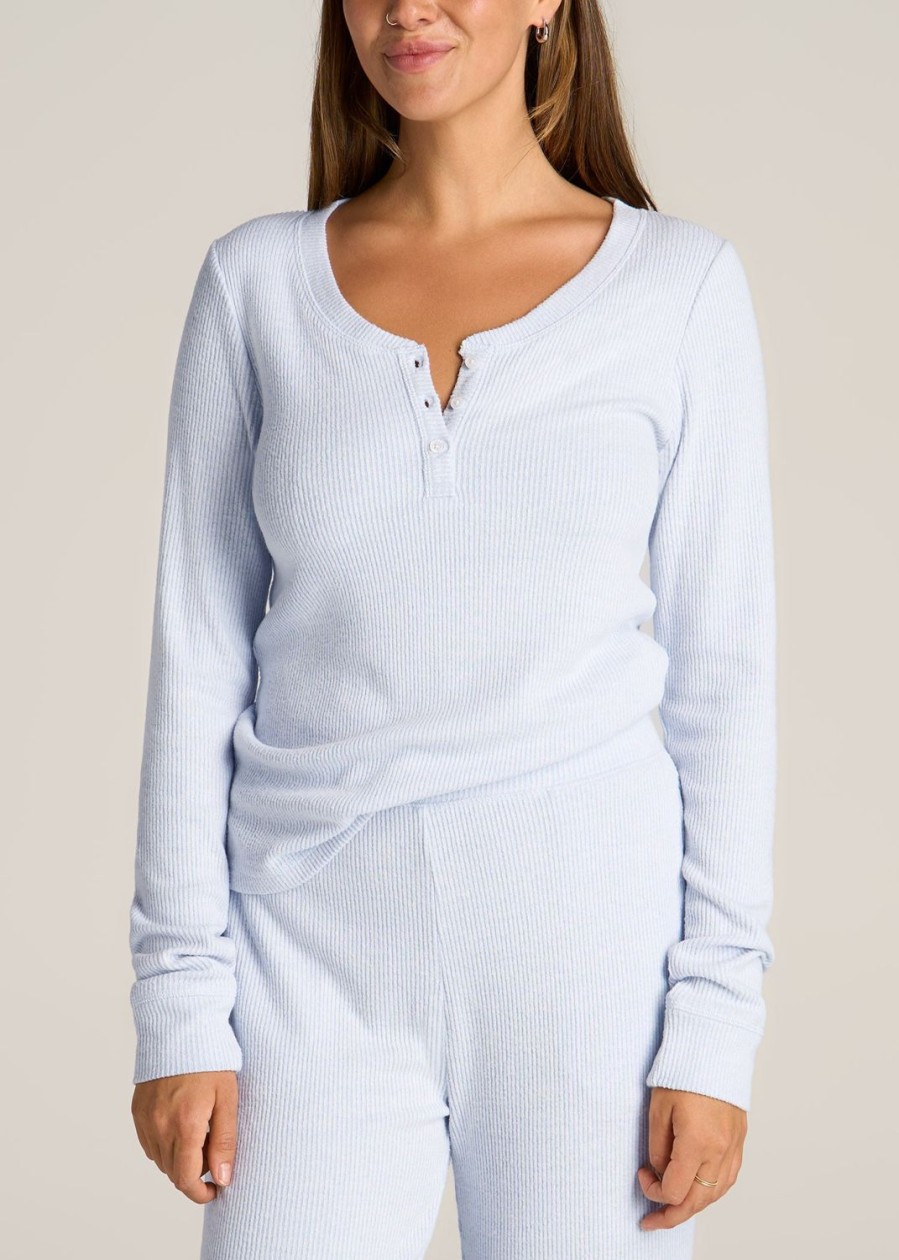 Women American Tall Long Sleeve Tees | Ribbed Henley Top For Tall Women In Bluebird Mix