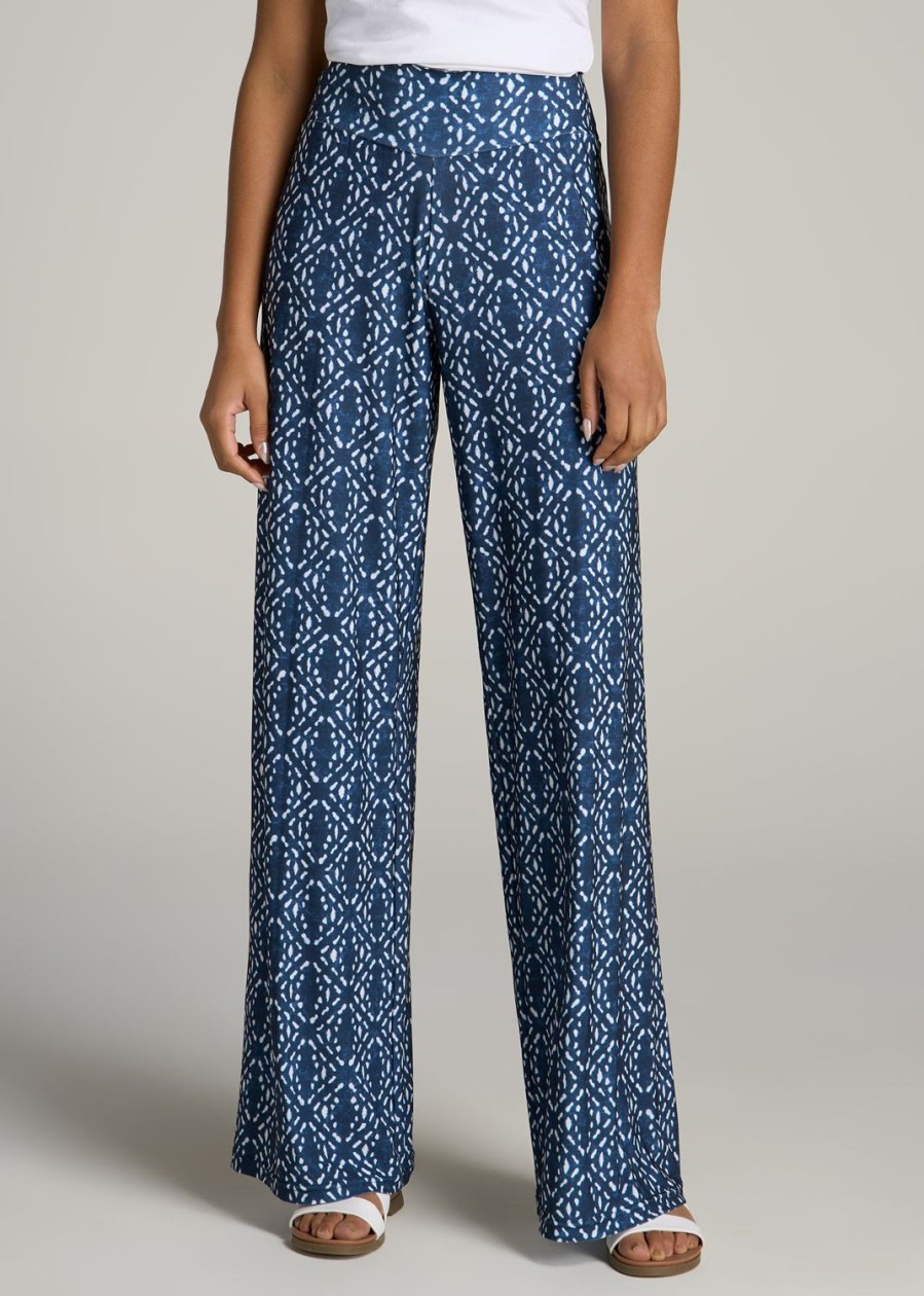 Women American Tall Pants + Trousers | Pull On Breezy Wide Leg Pants For Tall Women In Indigo Tribal Print