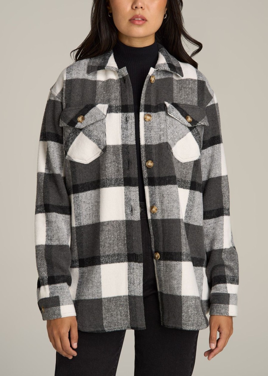 Women American Tall Jackets + Outerwear | Flannel Women'S Tall Shacket In Grey And Black Plaid