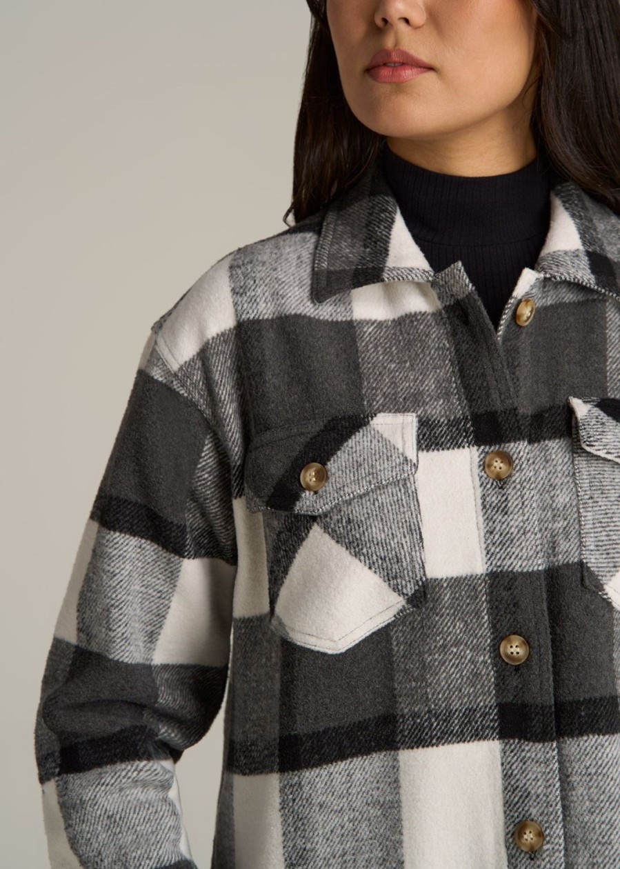 Women American Tall Jackets + Outerwear | Flannel Women'S Tall Shacket In Grey And Black Plaid