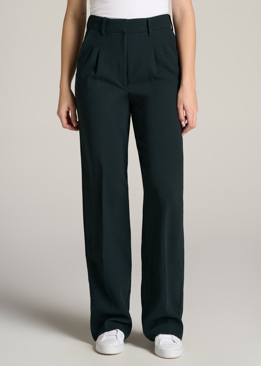 Women American Tall Pants + Trousers | Pleated Wide Leg Dress Pants For Tall Women In Midnight Green