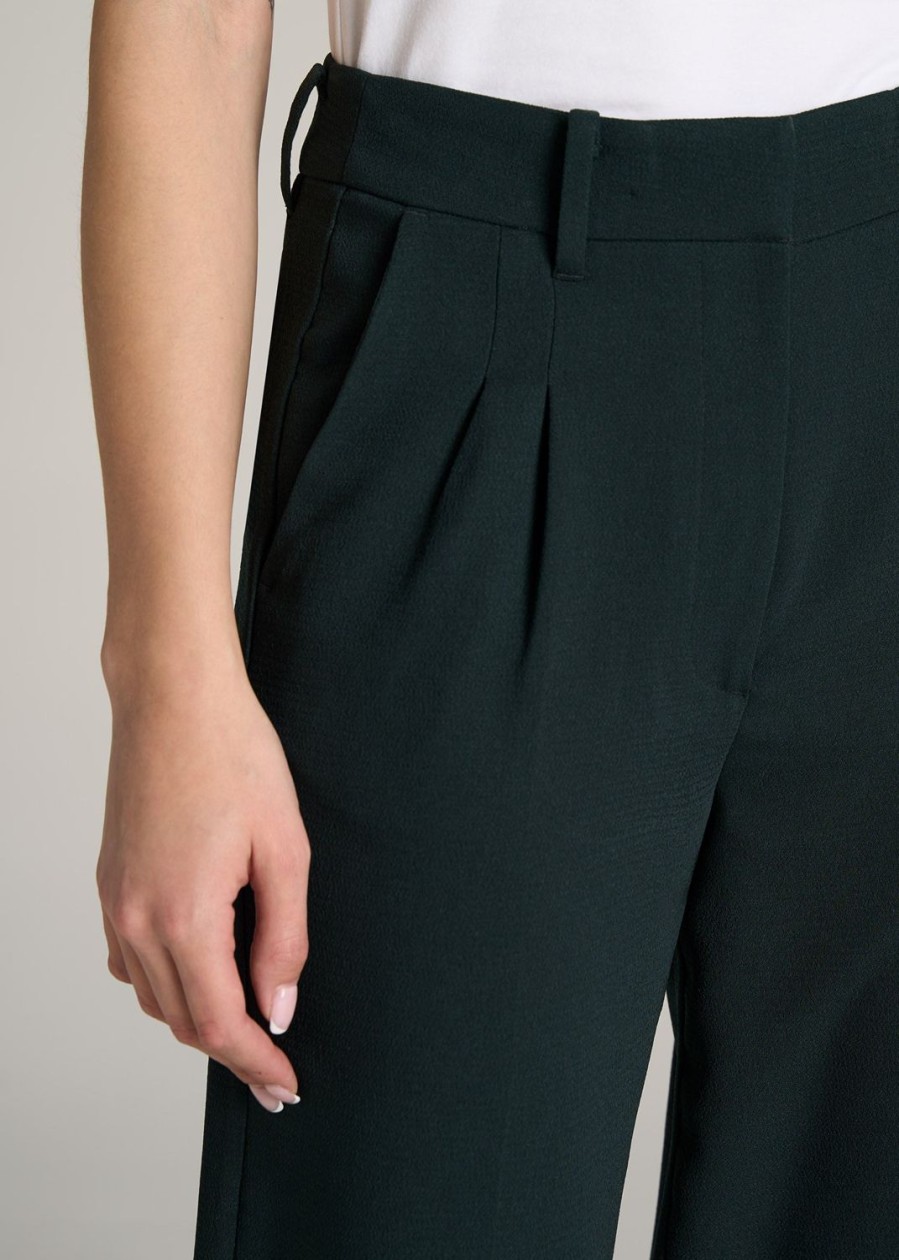 Women American Tall Pants + Trousers | Pleated Wide Leg Dress Pants For Tall Women In Midnight Green