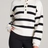 Women American Tall Hoodies + Sweatshirts | Button Front Mock Neck Sweater For Tall Women In Off White & Black Stripe