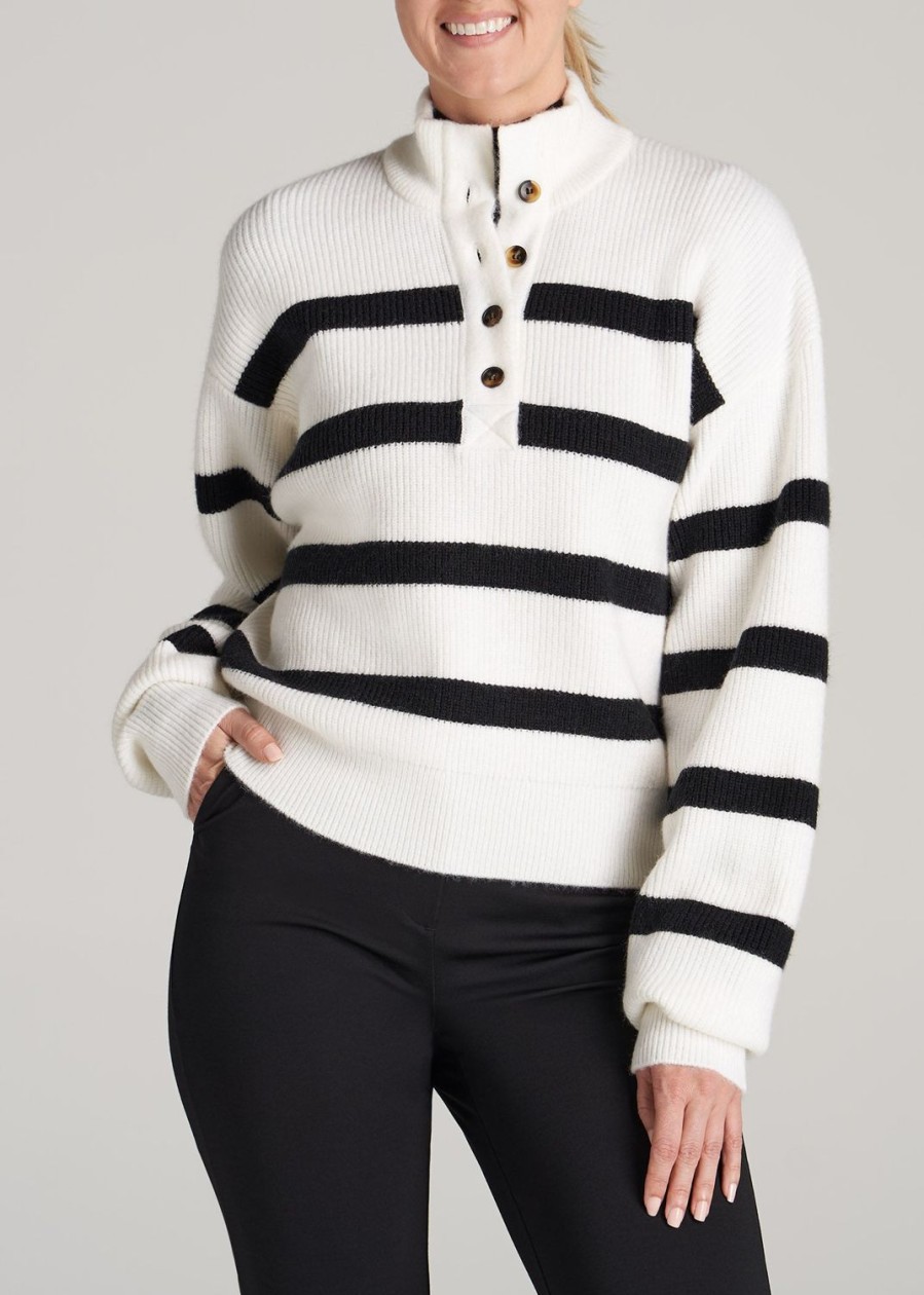 Women American Tall Hoodies + Sweatshirts | Button Front Mock Neck Sweater For Tall Women In Off White & Black Stripe