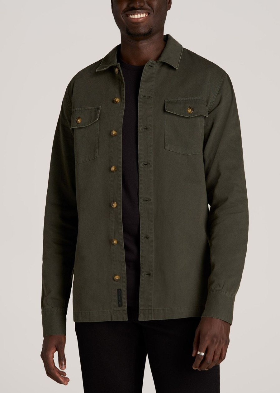 Men American Tall Button Shirts | Garment Dyed Lightweight Overshirt For Tall Men In Spring Olive