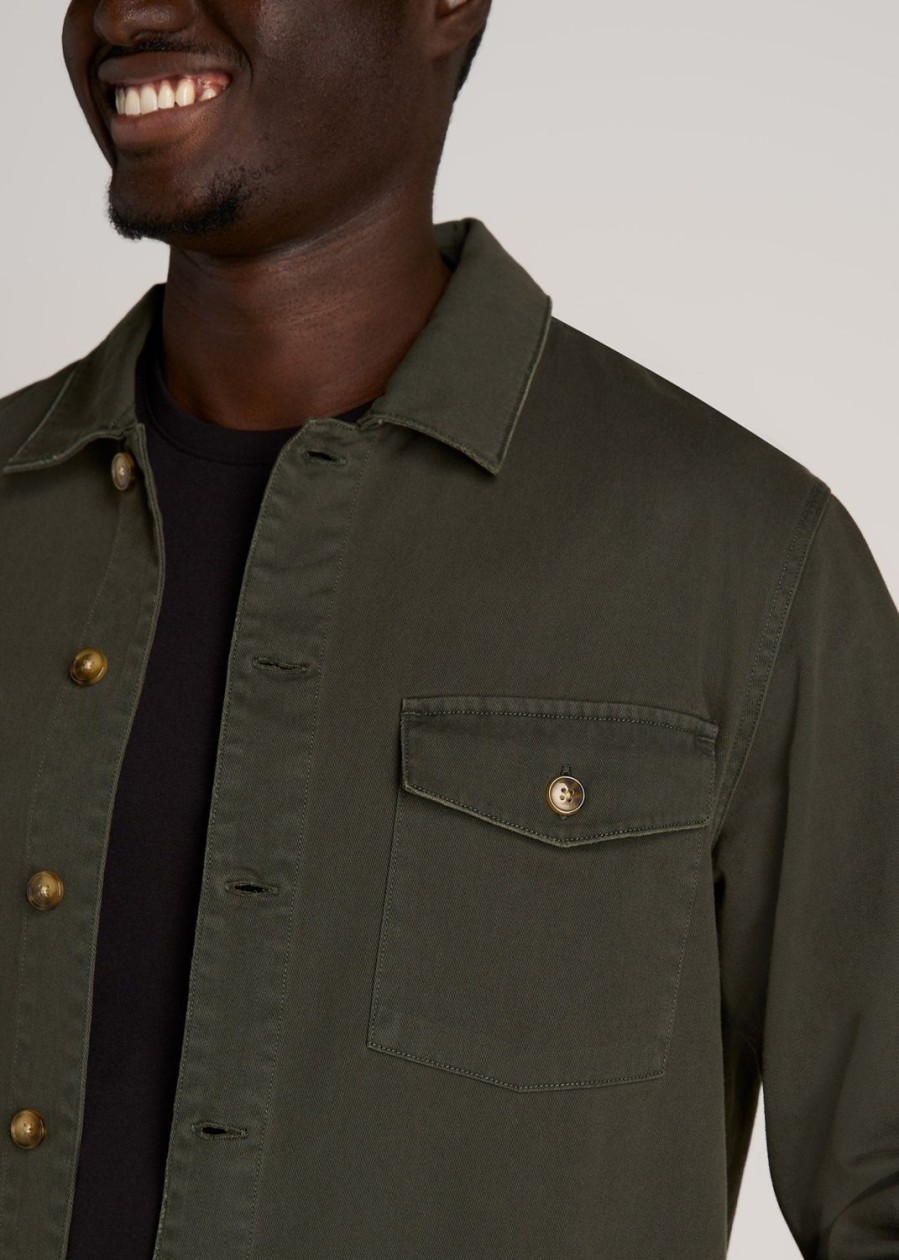 Men American Tall Button Shirts | Garment Dyed Lightweight Overshirt For Tall Men In Spring Olive