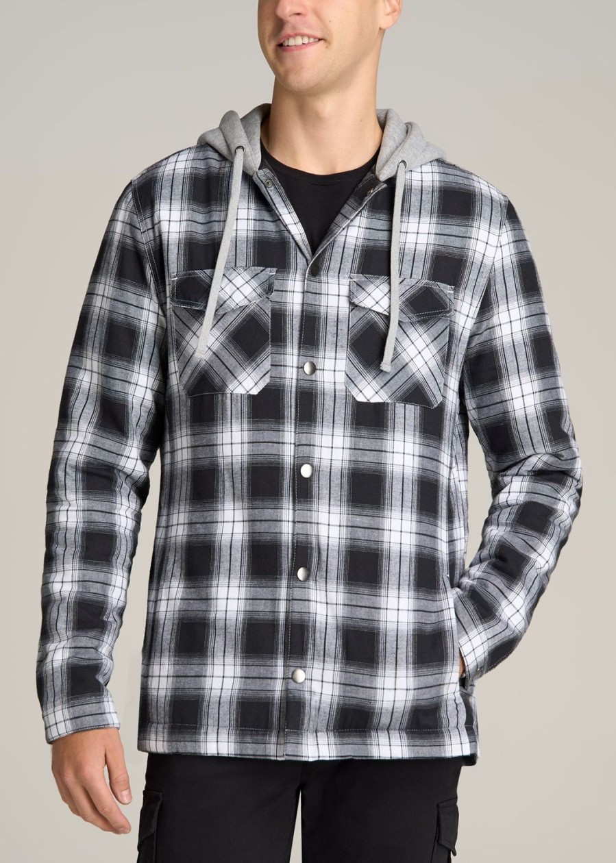 Men American Tall Jackets + Coats | Hooded Flannel Shirt Jacket For Tall Men In Black & White Plaid