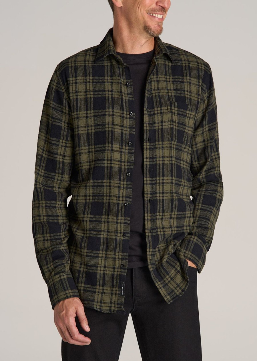 Men American Tall Button Shirts | Nelson Flannel Shirt For Tall Men In Black And Green Plaid