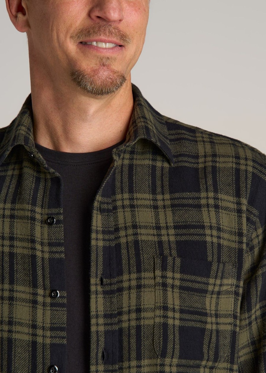 Men American Tall Button Shirts | Nelson Flannel Shirt For Tall Men In Black And Green Plaid