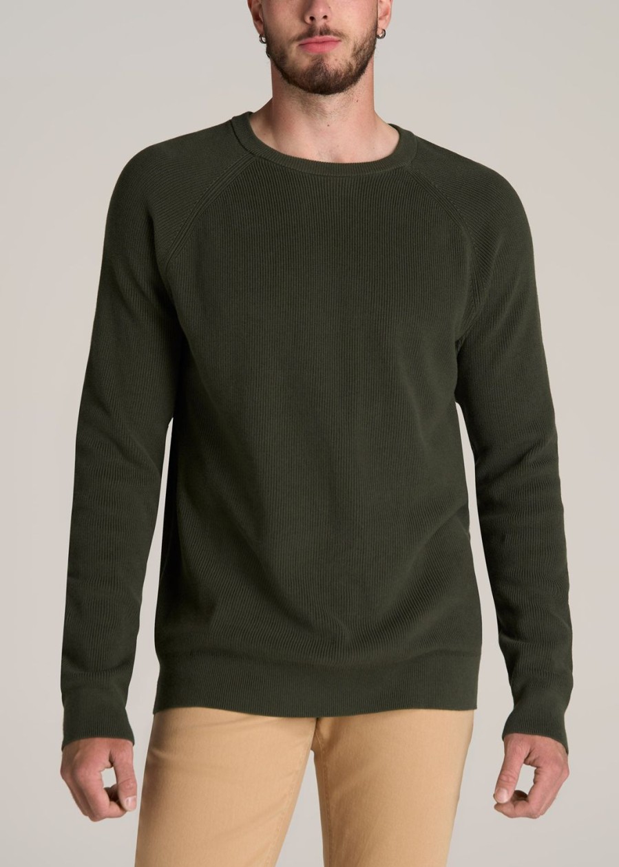 Men American Tall Hoodies + Sweatshirts | Textured Heavy Knit Sweater For Tall Men In Dark Olive Green