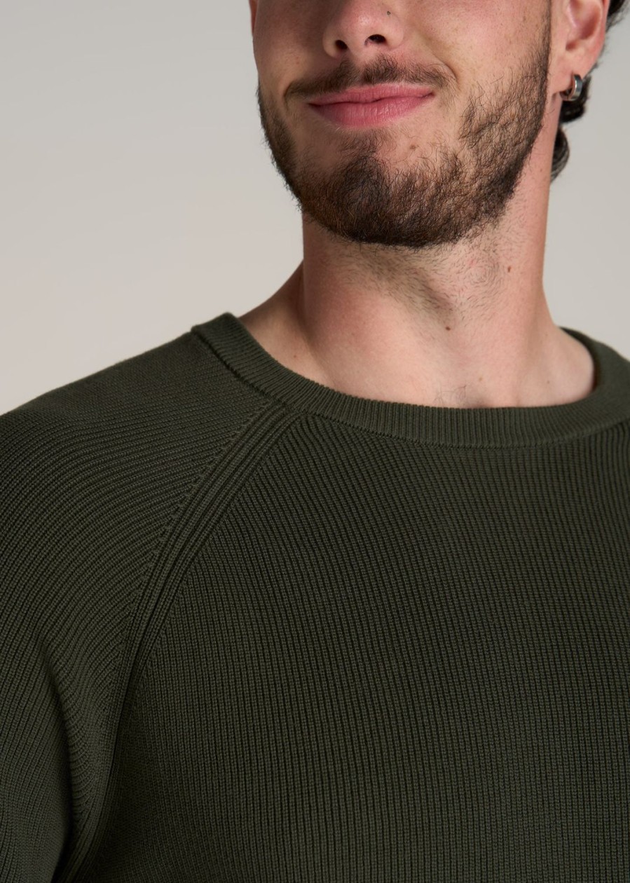 Men American Tall Hoodies + Sweatshirts | Textured Heavy Knit Sweater For Tall Men In Dark Olive Green