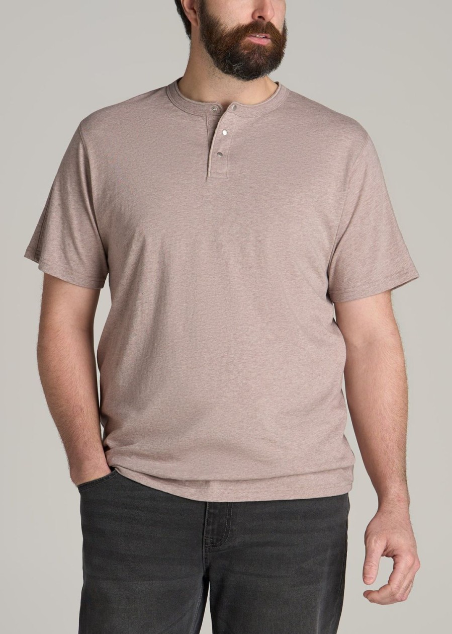 Men American Tall Tees + Tanks | Lj&S Regular-Fit Jersey Henley Tee For Tall Men In Heathered Taupe