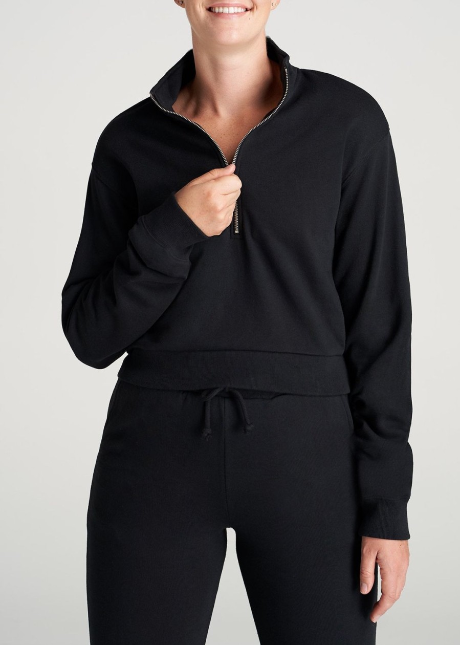 Women American Tall Hoodies + Sweatshirts | Wearever Fleece Cropped Half-Zip Sweatshirt For Tall Women In Black