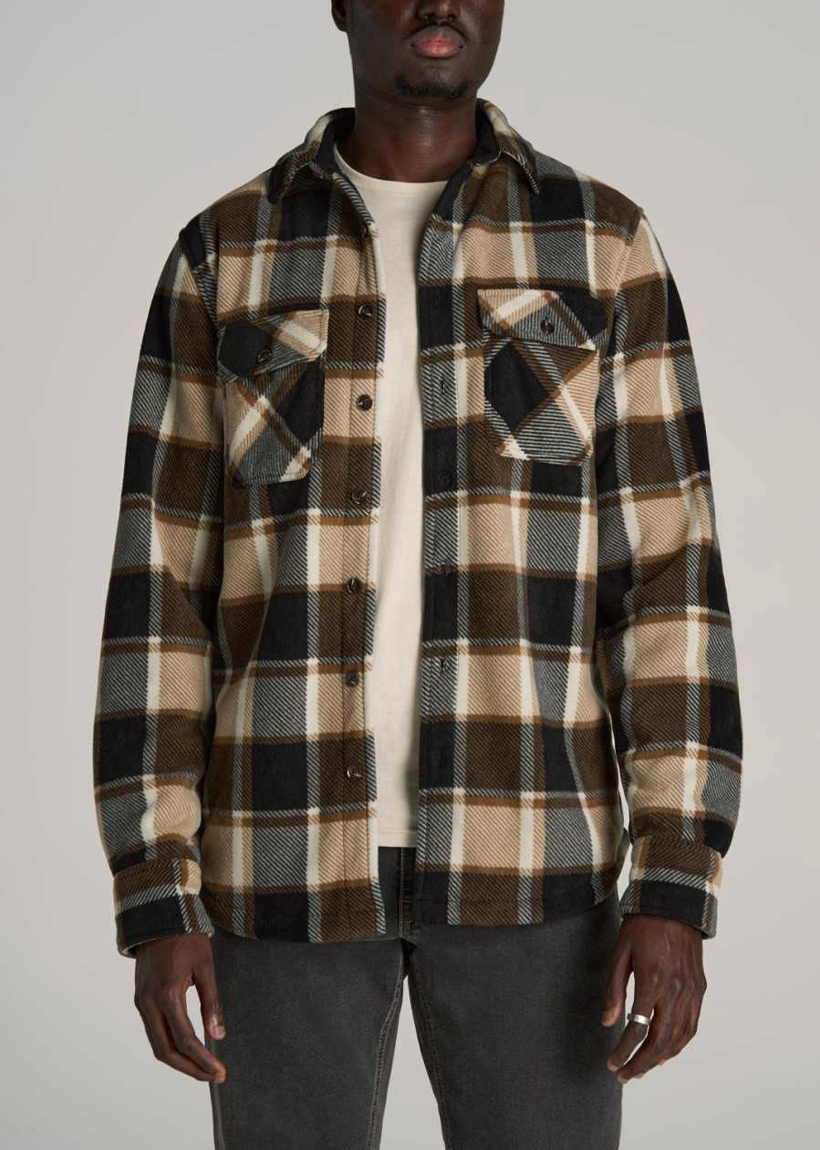 Men American Tall Button Shirts | Sherpa-Lined Fleece Overshirt For Tall Men In Browns Plaid