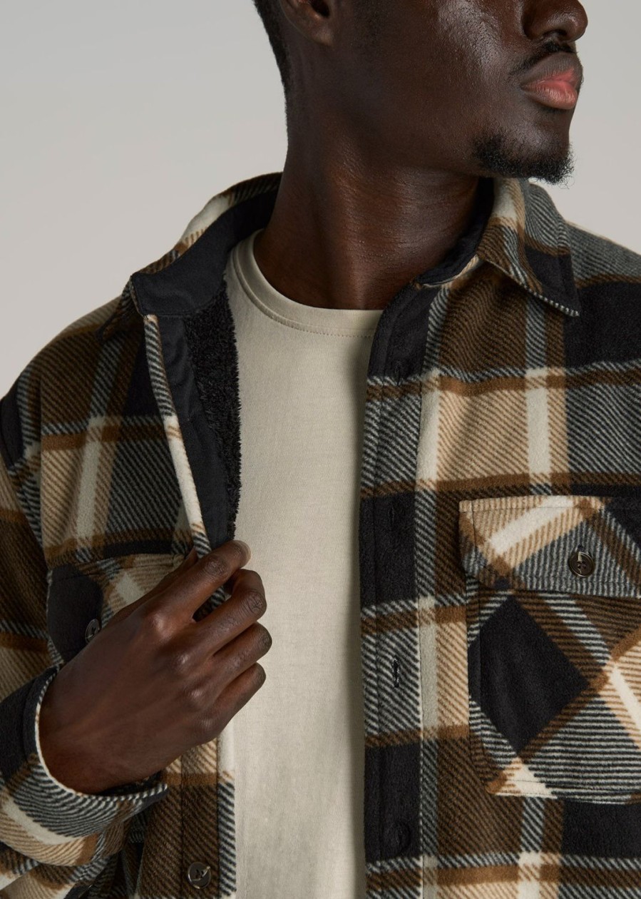 Men American Tall Button Shirts | Sherpa-Lined Fleece Overshirt For Tall Men In Browns Plaid