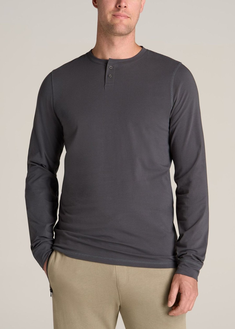 Men American Tall Long Sleeve Tees + Thermals | Pima Stretch Knit Henley Shirt For Tall Men In Iron Grey