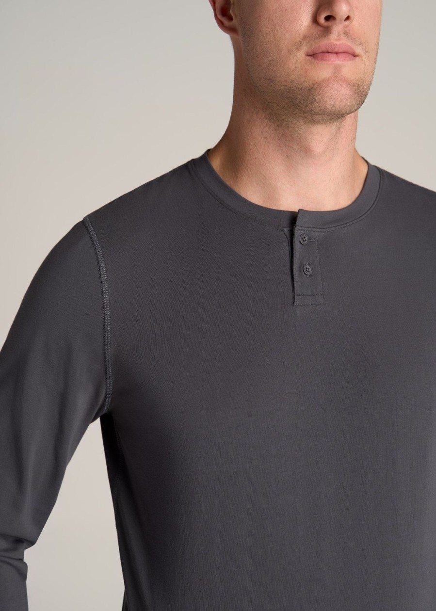 Men American Tall Long Sleeve Tees + Thermals | Pima Stretch Knit Henley Shirt For Tall Men In Iron Grey