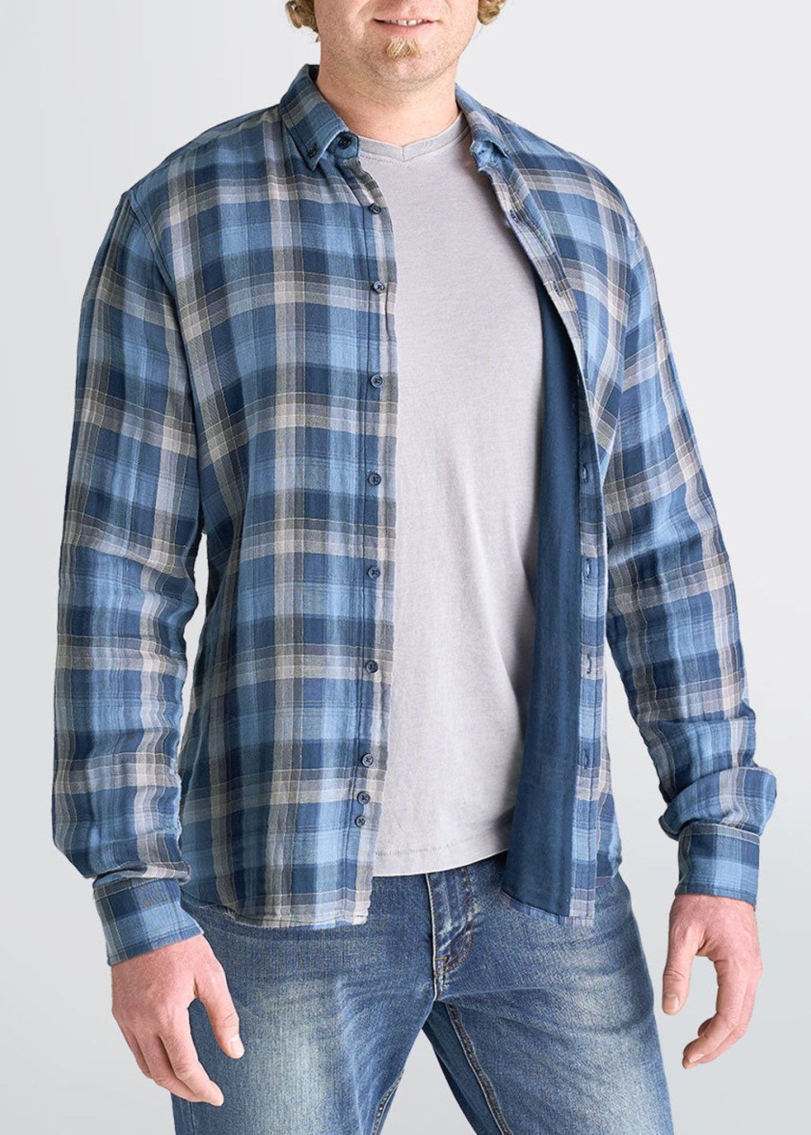 Men American Tall Button Shirts | Double-Weave Button-Up Shirt For Tall Men In Marine Blue & Grey Plaid