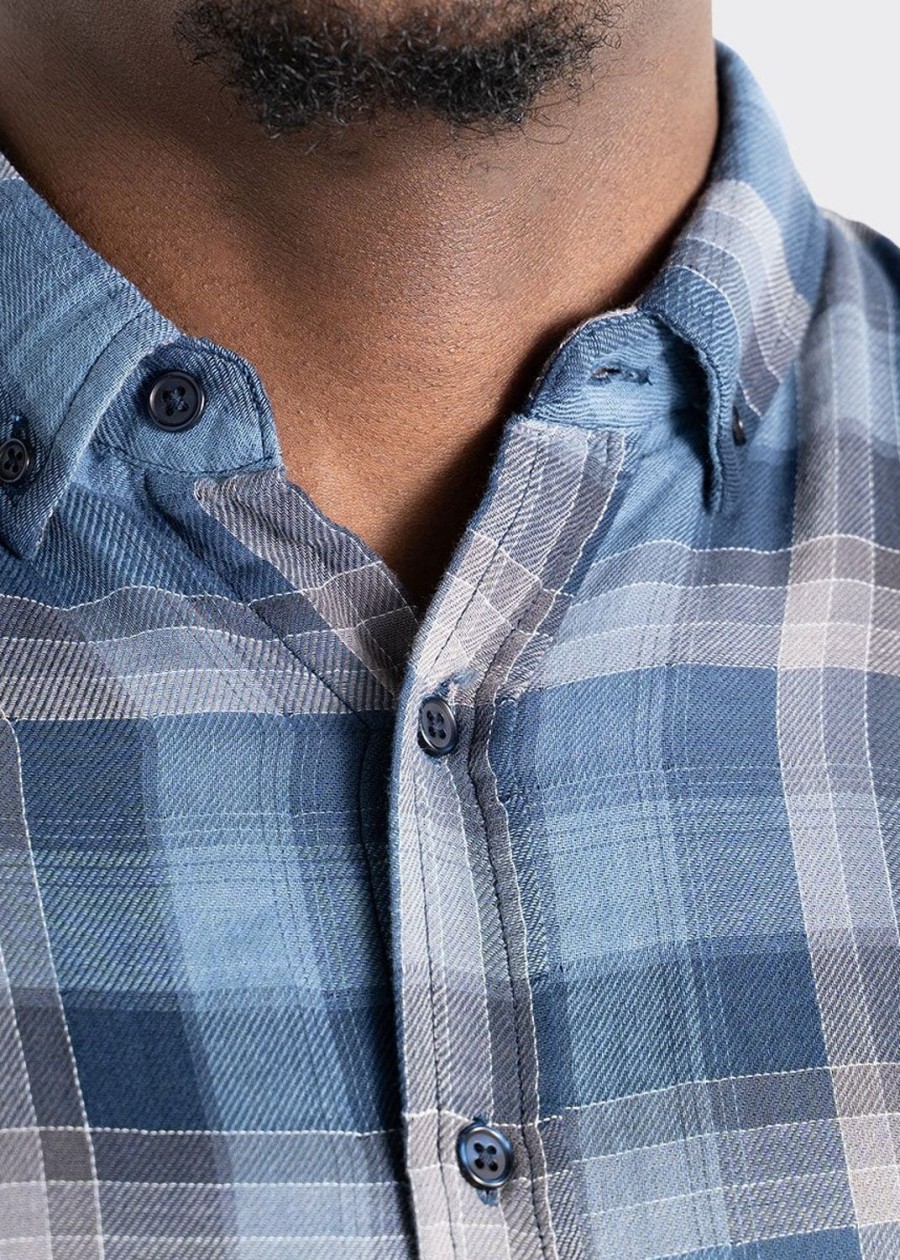 Men American Tall Button Shirts | Double-Weave Button-Up Shirt For Tall Men In Marine Blue & Grey Plaid