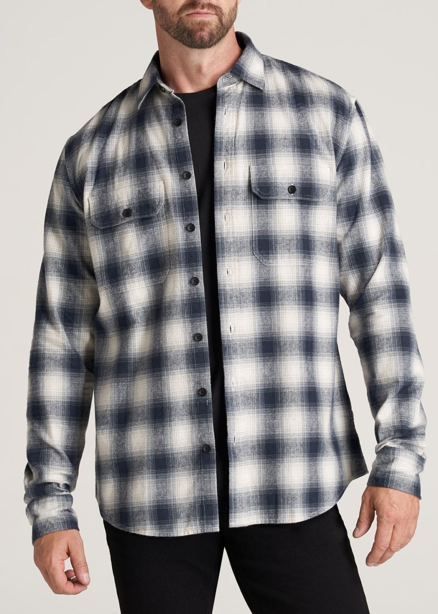 Men American Tall Button Shirts | Lj&S Men'S Tall Heavy Flannel Shirt In Weathered Navy & Ecru Plaid