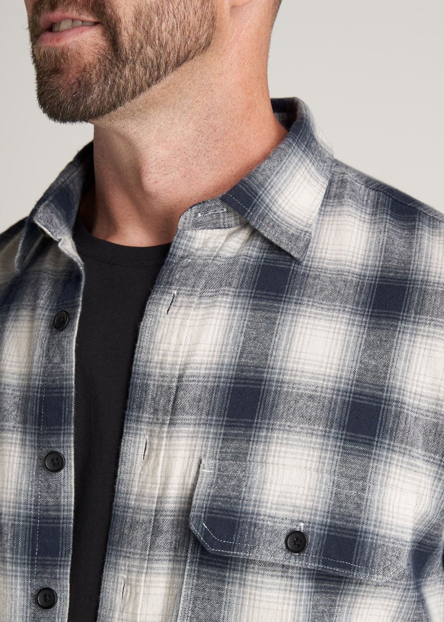 Men American Tall Button Shirts | Lj&S Men'S Tall Heavy Flannel Shirt In Weathered Navy & Ecru Plaid