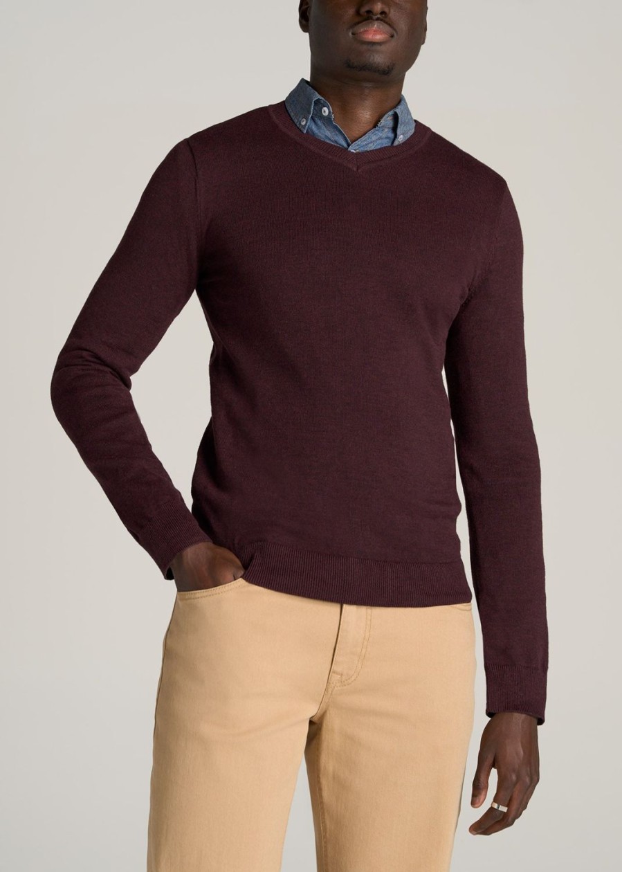 Men American Tall Hoodies + Sweatshirts | Everyday V-Neck Tall Men'S Sweater In Burgundy Mix