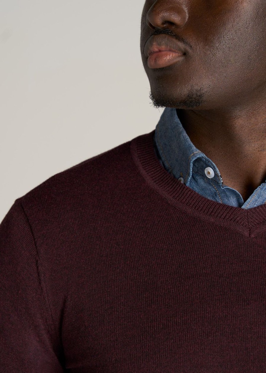 Men American Tall Hoodies + Sweatshirts | Everyday V-Neck Tall Men'S Sweater In Burgundy Mix