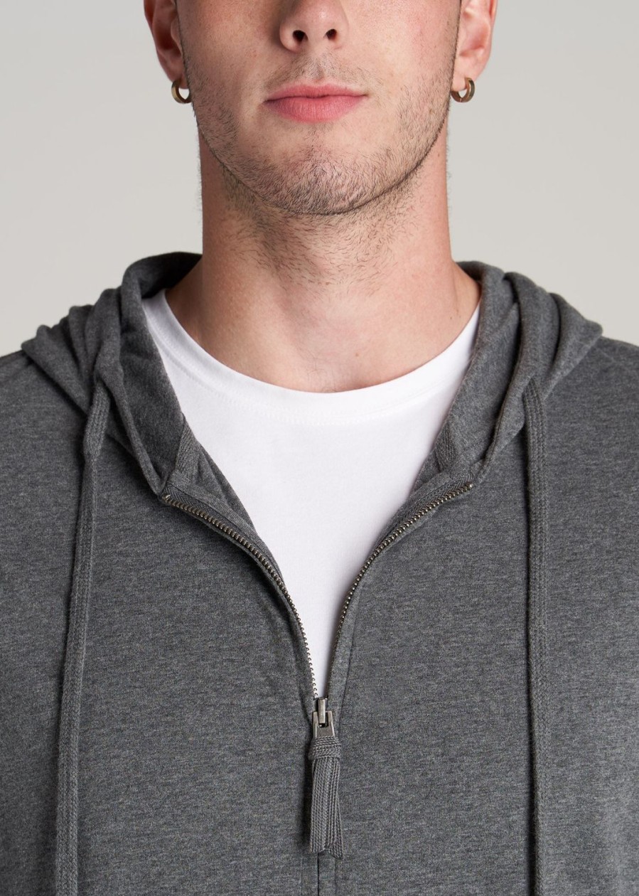 Men American Tall Long Sleeve Tees + Thermals | Long Sleeve Full Zip Jersey Hoodie For Tall Men In Charcoal Mix