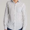 Men American Tall Button Shirts | Linen Long Sleeve Shirt For Tall Men In Navy Stripe